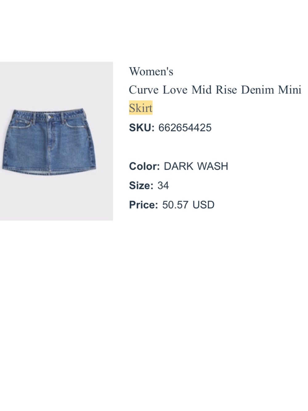 Abercrombie & Fitch Curve Love Mid Rise Dark Wash Denim Mini Skirt